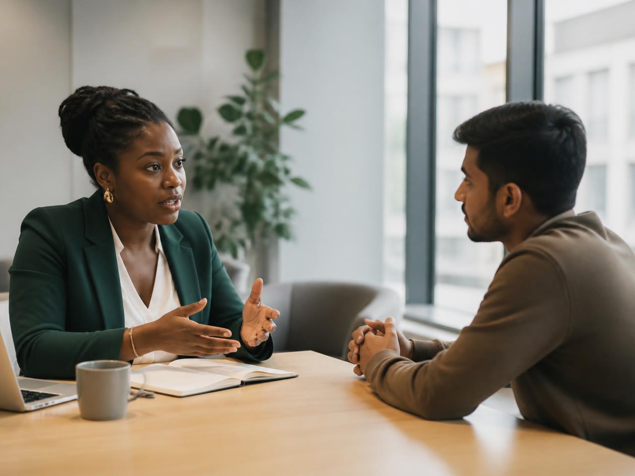 Career coach guiding a young professional through a career development plan